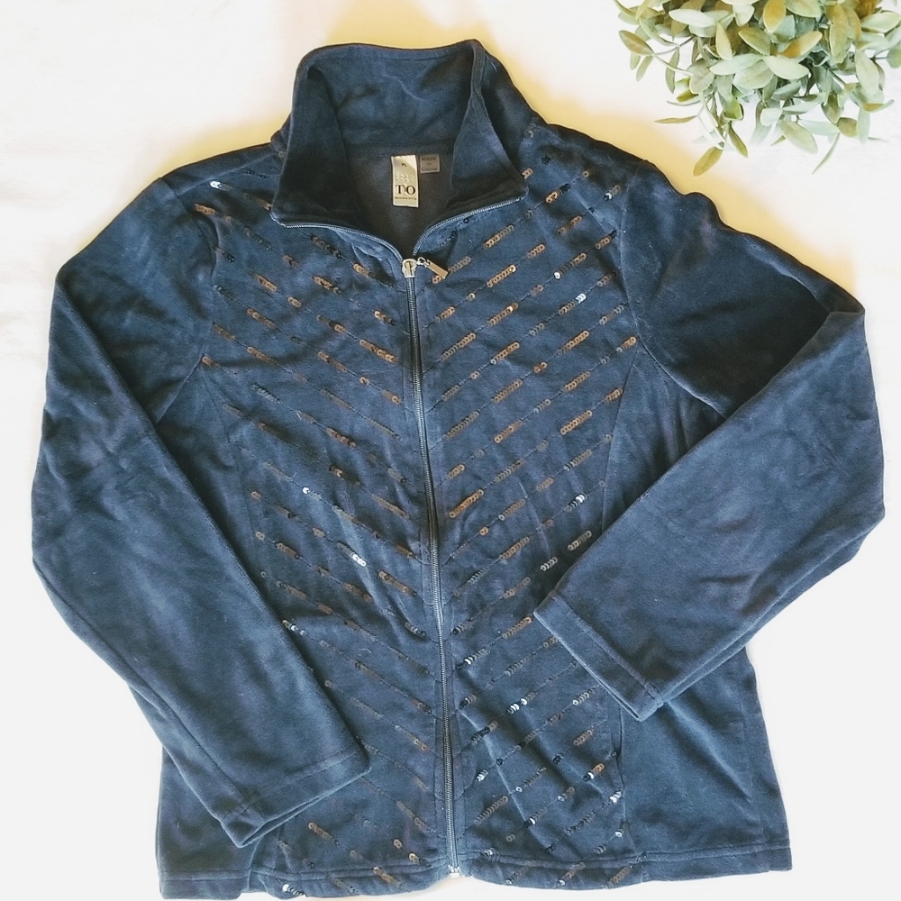 Navy blue velour zip up jacket - Picture 1 of 3
